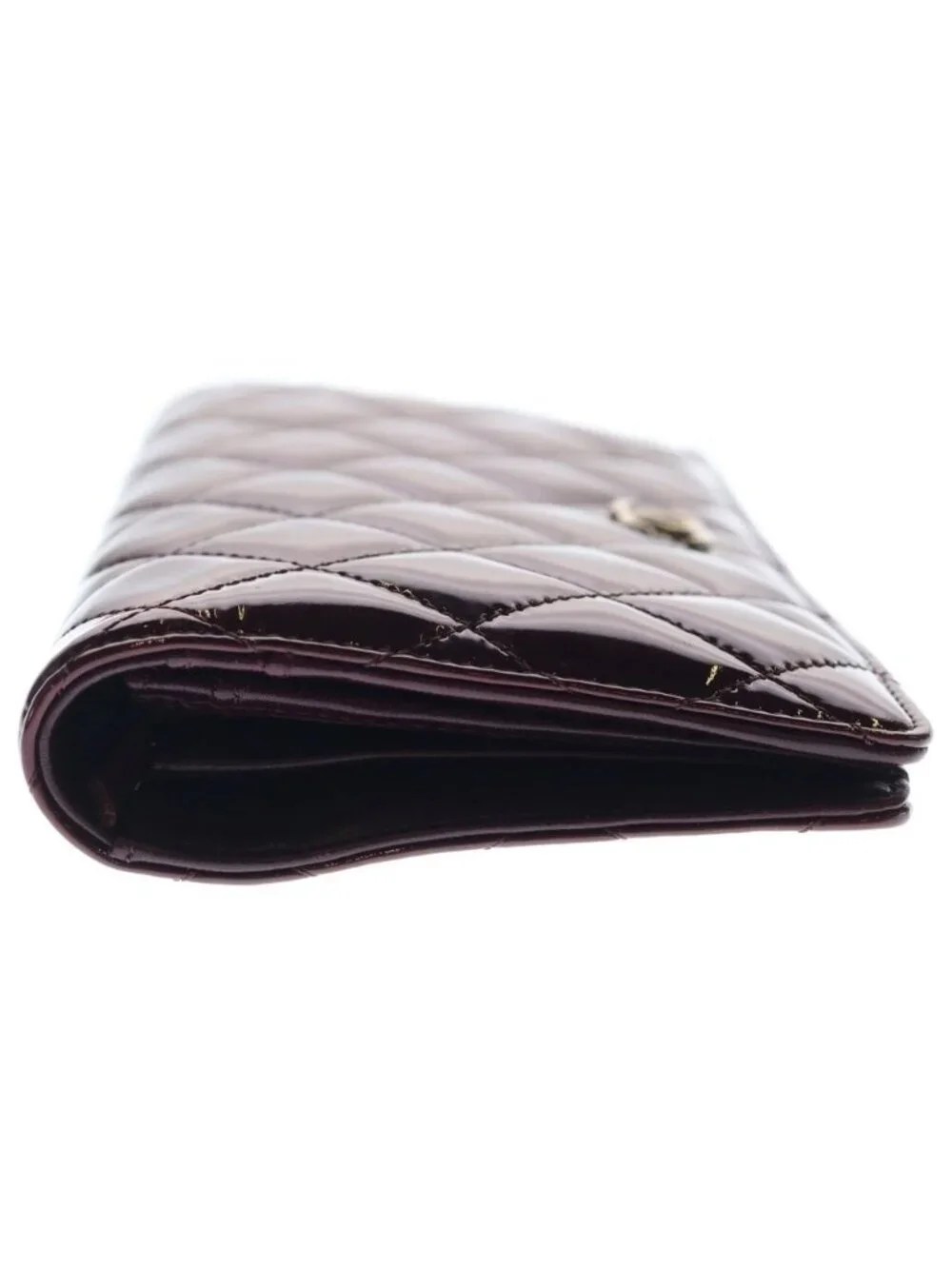 Chanel Quilted Brilliant CC Logo Patent Leather Wallet Bifold Gold Bordeaux